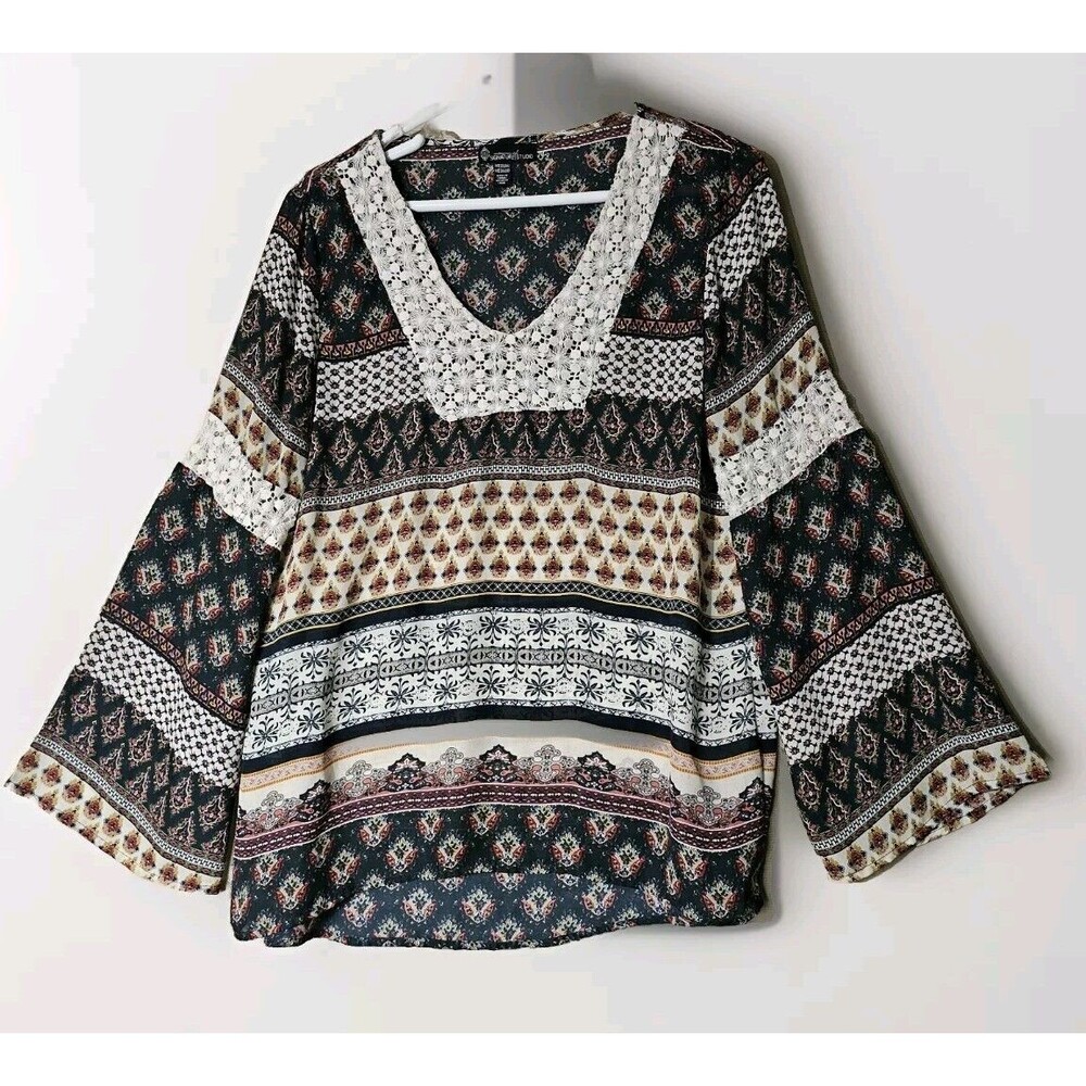 Retro Hippie Blouse Top Size Medium Boho Geometric Southwestern Chic Cottagecore